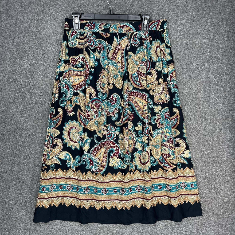 Vintage Southern Lady Midi Skirt Women's L Black Colorful Paisley Elastic Waist